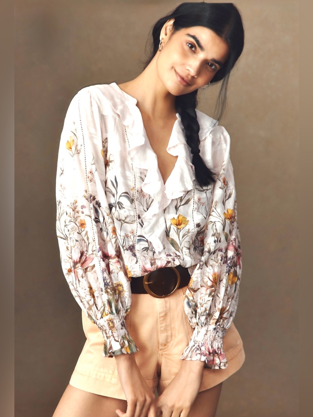 Anthropologie Industry Ivory Floral Ruffle V-Neck Blouse Cotton size Medium